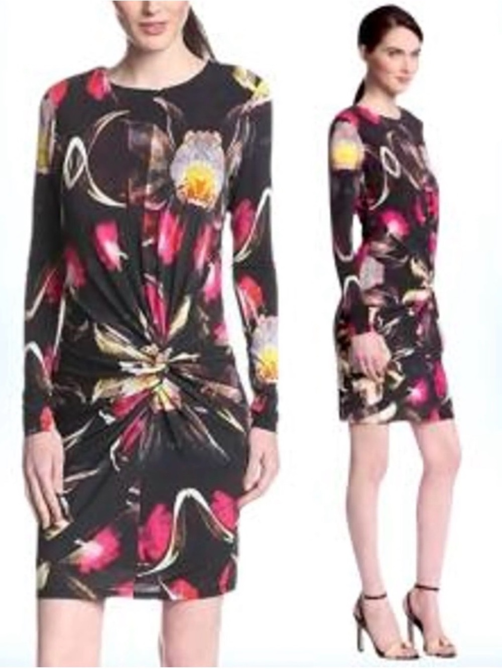 Black Floral Twist-Front Long-Sleeve Dress